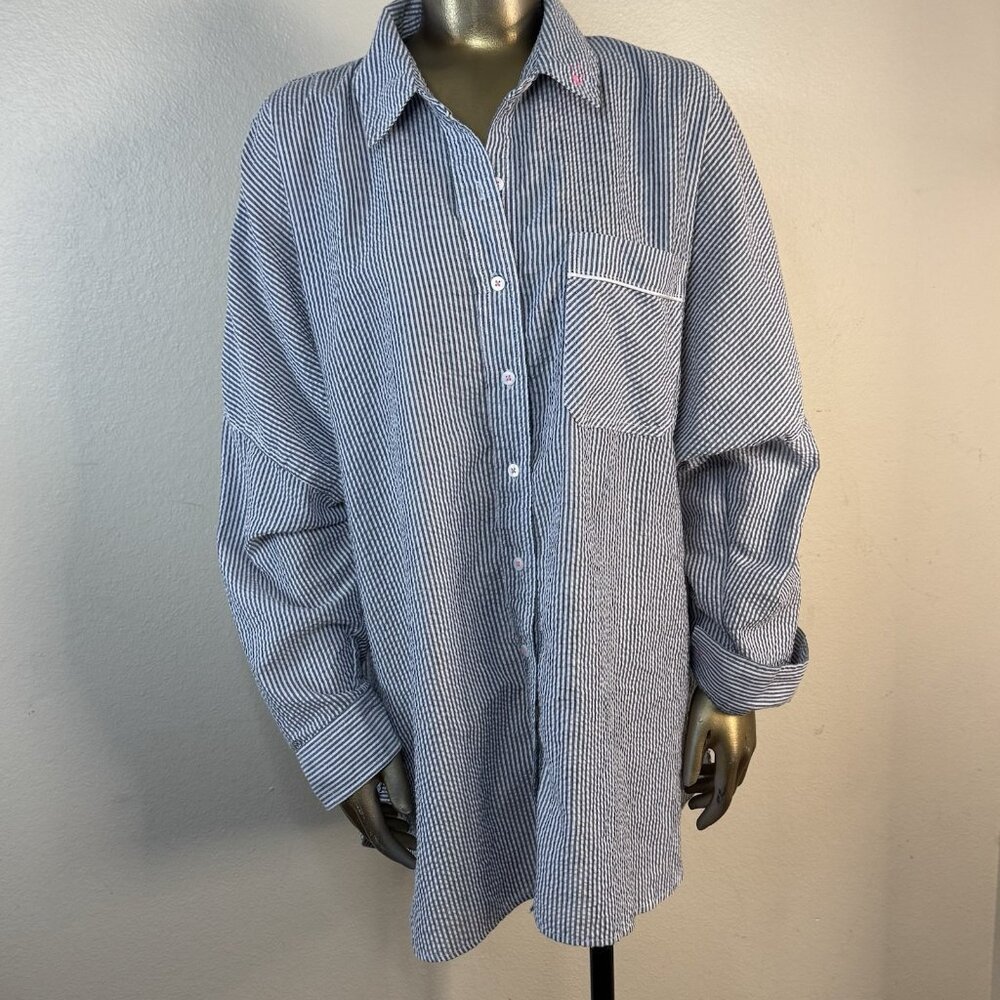 Intimately Free People Medium Cloud Nine Blue White Seersucker Oversize Top